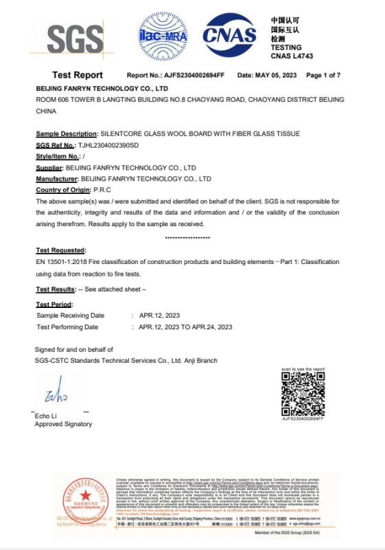 EN13501-1 FIBERGLASS - Beijing Fanryn Technology Co., Ltd.