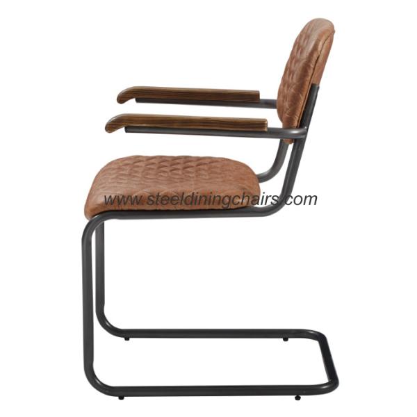 Quality Steel Frame Wood Armrest OEM ODM Retro Leather Dining Chairs for sale