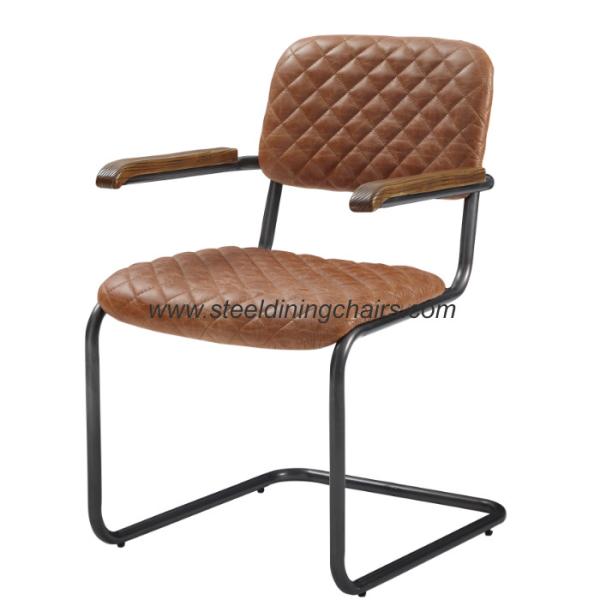 Quality Steel Frame Wood Armrest OEM ODM Retro Leather Dining Chairs for sale