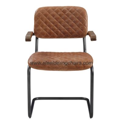 China Steel Frame Wood Armrest OEM ODM Retro Leather Dining Chairs for sale