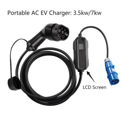 China 60Hz Car Portable AC EV Charger 32Amp 7kW LCD Screen Type 2 for sale