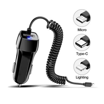 China ABS MFI Car Charger Black 2A Charging 1M Spring Data Cable Syncwire Car Charger for sale