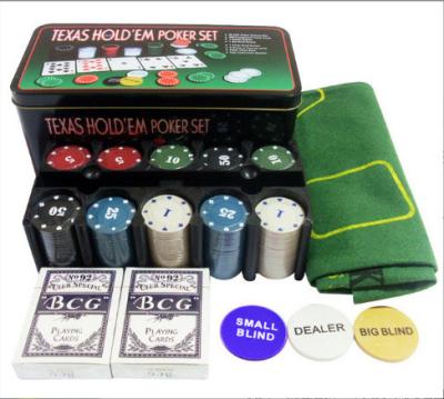 China OEM Texas Hold 'Em Poker Set Blackjack Game With 200 Chips Tablecloth In Tinplate Box for sale
