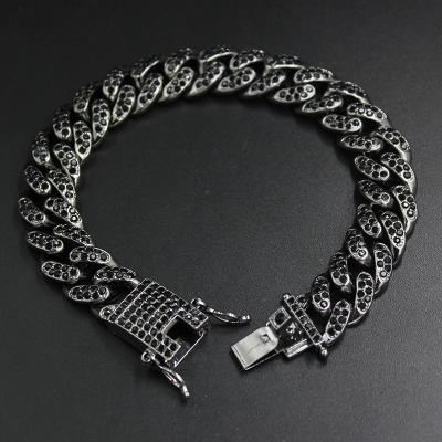 China Fashion Jewelry Gun Metal Black Color 13.5mm Iced Out Rhinestone Curb Cuban Chain Bracelets For Men Women Gifts for sale