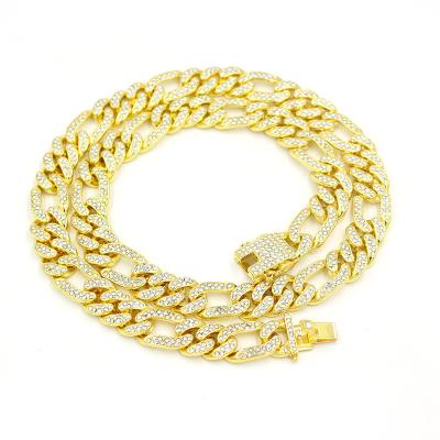 China Men Women Cuban Chain Necklace Hip Hop Jewelry 13mm Iced Out Curb Cuban Gold Plated Figro Rhinestone Chain Necklace for sale