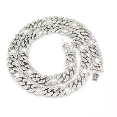 China Silver Color Cuban Chain Necklace Hip Hop Jewelry 13mm Iced Out Curb Cuban Gold Plated Figro Rhinestone Chain Necklace for sale