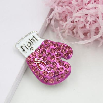 China New Arrival Breast Cancer Awareness Jewelry Pink Ribbon Fighting Box Gloves Pin Brooch Rhinestone Brooch Pins for sale