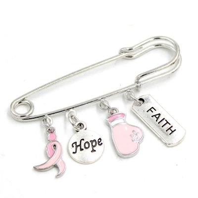 China Wholesale New Arrival Breast Cancer Pink Ribbon Brooch Pins Hope Faith Fighting Glove Pink Ribbon Charms Safety Pin for sale