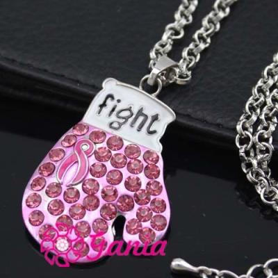 China New Arrival Breast Cancer Pendant Necklace Pink Ribbon Fighting Box Gloves Awareness Jewelry Necklace Wholesale for sale