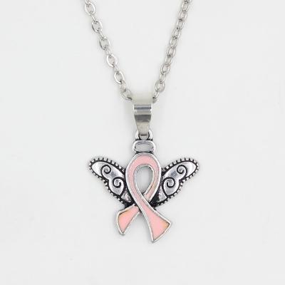 China New Arrival Breast Cancer Awareness Jewelry Pink Ribbon Angel Wing Cancer Pendant Necklace Wholesale for sale
