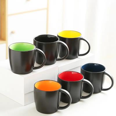 China Matte Black Restaurant Mugs Large Handle Coffee Mug Inner Color Cup for Coffee 16OZ Ceramic Coffee Mug Set of 6 for sale