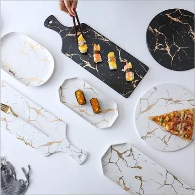 China Creative Marble Stripe Large Rectangle And Round Ceramic Pizza Plate Cookware Porcelain Sushi Tableware for sale