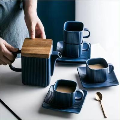 China Nordic Antique Designer Wood Cover Coffee Ceramic Tea Cup Set Coffee Cups Pots Set with Stainless Steel Stainer Gift Box for sale