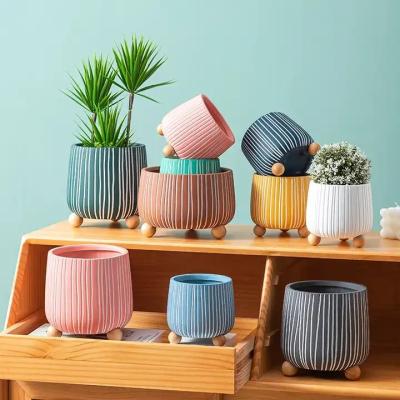 China Nordic Colorful Ceramic Flowerpot Succulent Planter Ceramic Pots for Indoor&Outdoor Plants Cactus Flower Pot with Wood B for sale