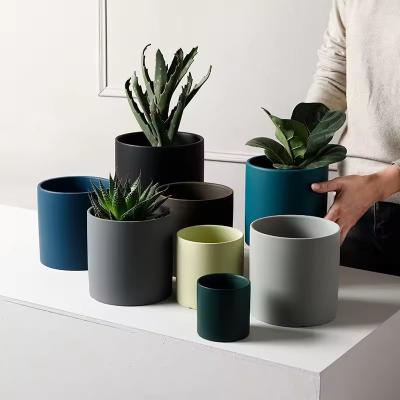 China Nordic Outdoor Pot Colorful Ceramic Flowerpot Succulent Planter Green Plant Pots Cylindrical Shape Flower Pot With Tray for sale