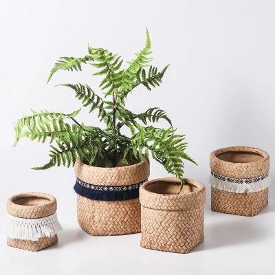 China Farmhouse Weave Pattern Ceramic Flowerpot Small Pots for Succulents Planter Pot De Plantse Tassel Bag Shape Flower Pot W for sale