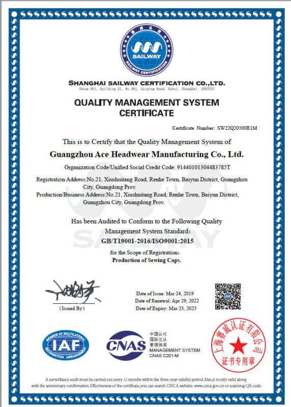 ISO - Guangzhou Ace Headwear Manufacturing Co., Ltd.
