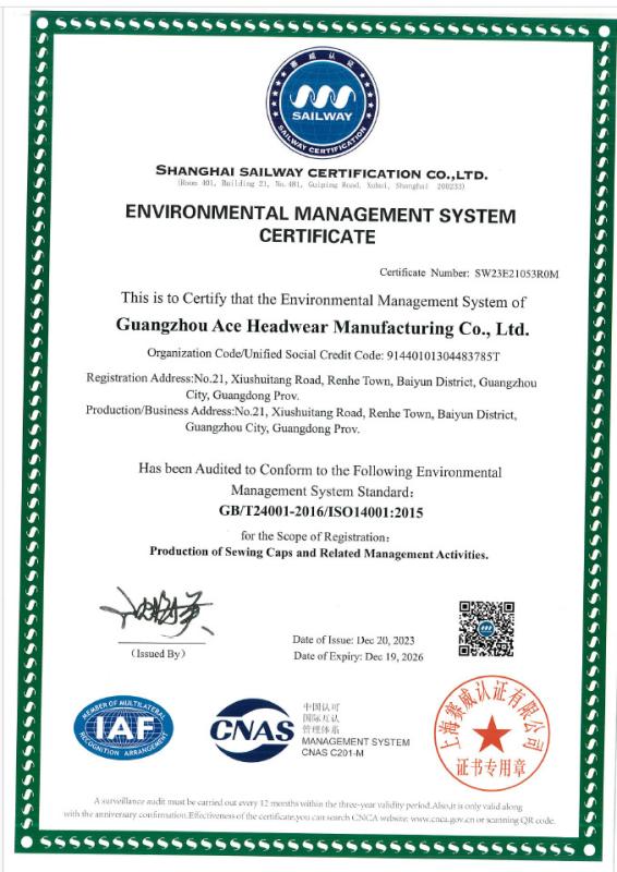 ISO14001 - Guangzhou Ace Headwear Manufacturing Co., Ltd.