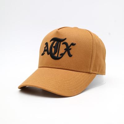 China 3D Embroidered Letter Pattern Baseball Cap Yellow Brown 100% Cotton Twill Constructed Hat for sale