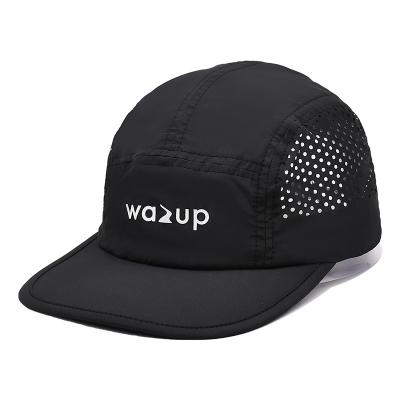 China 5 Panel Camper Hat with Sports Mesh Sweatband and Flat Brim Shape Laser Cutting Panel for sale