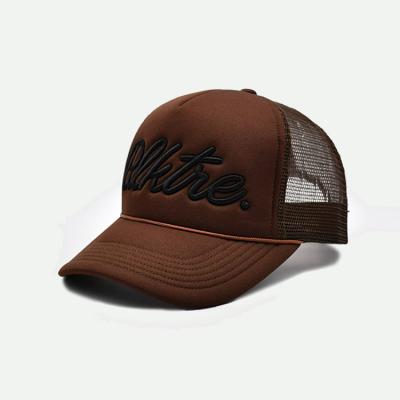 China Adjustable Customized 5 Panel Sponge Trucker Cap Brown Summer Decorative Rope for sale