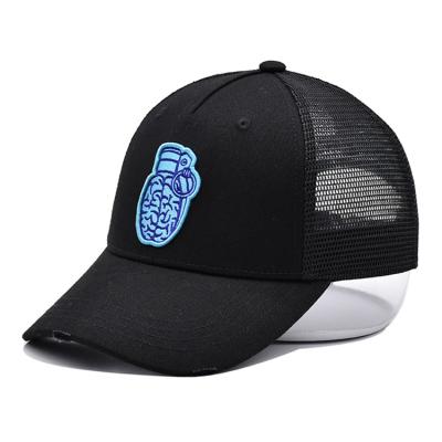 China 3D Embroidery Distressed Cotton Twill Trucker Hat Black Mesh Trucker Cap Pre curved Visor for sale