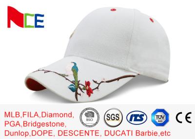 China Flowers / Birds Embroidered Baseball Caps , White Cotton Canvas Baseball Hat for sale