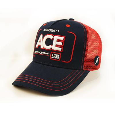 China Personalized 5 Panel Trucker Cap Navy Blue Cotton + Red Polyester Mesh for sale