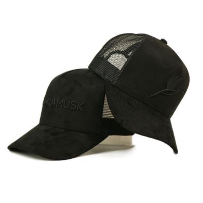 China Black 5 Panel Suede Trucker Hats With Curved Brim Embroidery Logo for sale