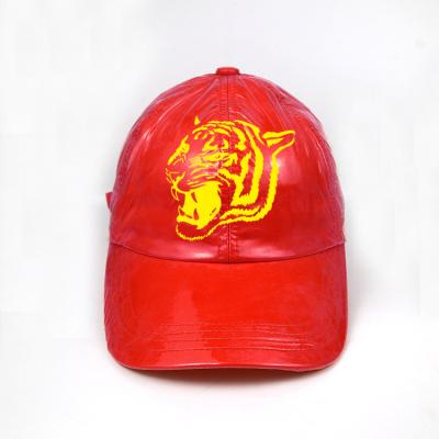China Speical material polyester leather custom printed tiger logo red metal sunday buckle baseball caps for sale