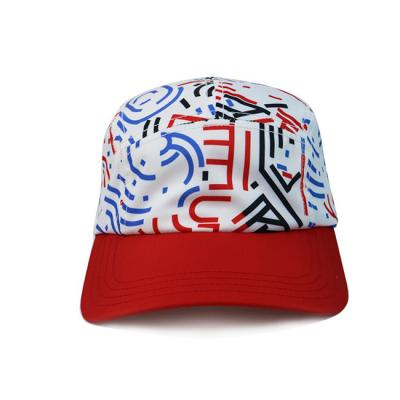 China High Quality 5 Panel Caps sublimation pattern camper cap with polyester with nylon webbing plastic buckle for sale