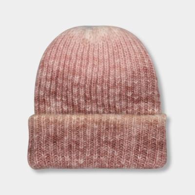 China 56cm Knit Beanie Hats For Girl Tie Dye Gradient Color Outdoor Flexible Thick Winter Hat for sale