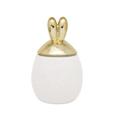 China Latest Easter Rabbit Cookie Sugar Coffee Ceramic Storage Canister With 3D Golden Electroplated Lid for sale