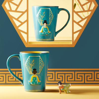 China Large capacity ceramic embossed coffee and tea mug print 3d yoga lady Chinese style vintage mug for sale
