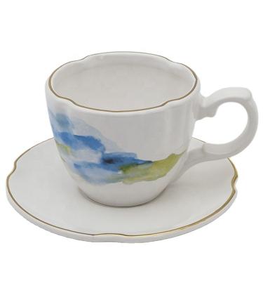 China Ceramic Tea Cup And Saucer Set European Style White Stoneware Ceramic Print Coffee Water Mug Cup for sale