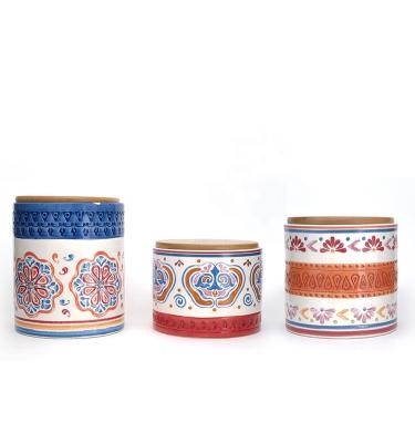 China Middle Eastern Flower Decal Storage Jars Food Ceramic Canister Set With Bamboo Lid And Silicone Ring for sale