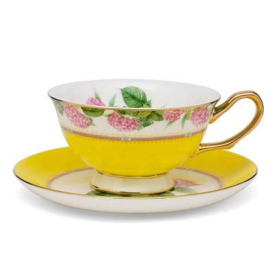 China Pink Floral Design Porcelain Cups Decal Luxury Coffee Tea Cup And Saucer With Colorful Rim for sale