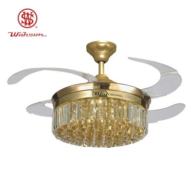 China Crystal Lampshade Silent LED 36W Retractable Ceiling Fan Light With Folding Blades for sale