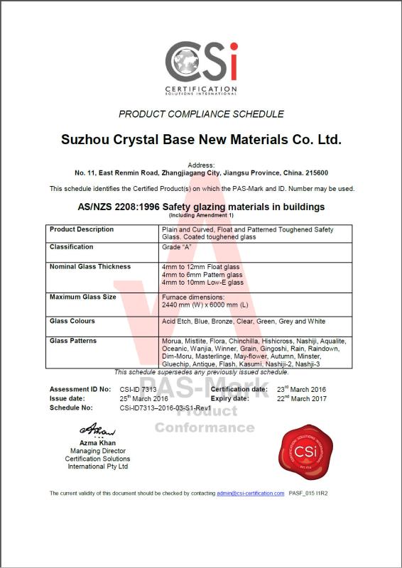 Toughened Glass Australian Standard Certificate - Suzhou Crystal Base New Materials Co.,Ltd