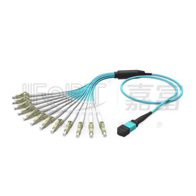 China 12 Fibers Duplex MPO Breakout Cable MPO-LC/SC/FC/ST Multimode 50/125 3.0mm LSZH Aqua for sale