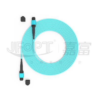 China 12 Cores Speed MPO Patch Cord Aqua Color for Data Center Connection 10G Multi-mode OM3 Fiber Optic Patch Cord zu verkaufen