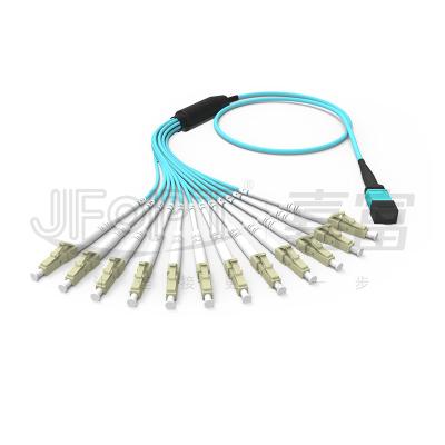 China MPO Patch Cord OM3 OM4 MPO-LC Breakout Cable 1 3 5 10 Meter LSZH/PVC Jacket 850/1300nm Aqua for sale