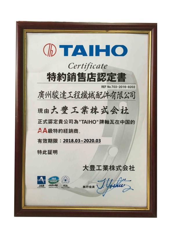 TAIHO Certificate - Guangzhou Junda Machinery & Equipment Co., Ltd.