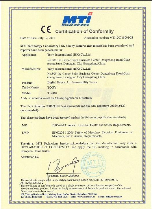 CE Certificate - Dongguan Hust Tony Instruments Co.,Ltd.