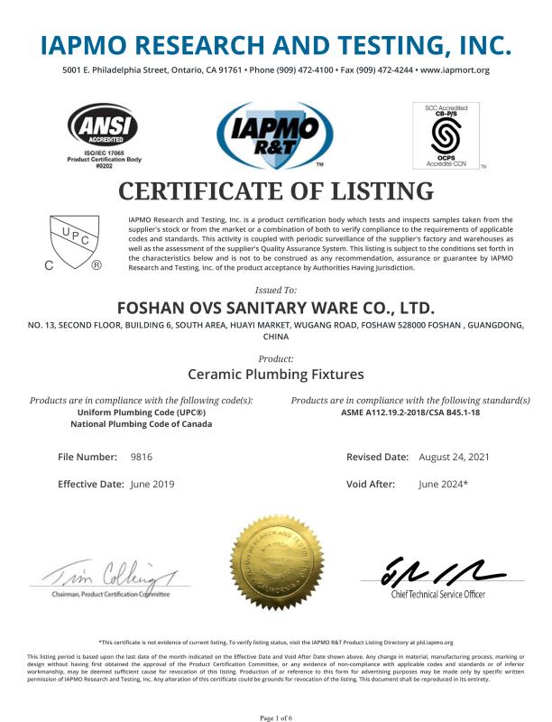 CUPC - Foshan OVC Sanitary Ware Co., Ltd