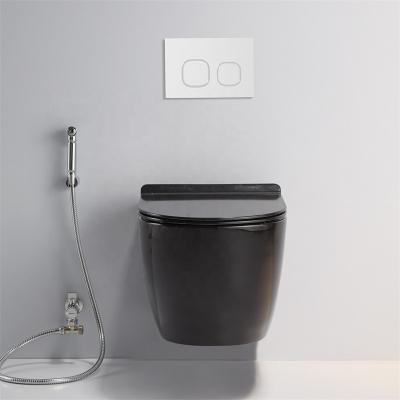 China Porcelain One Piece Seamless Wall Mounted Elongated Toilet Black Color for sale