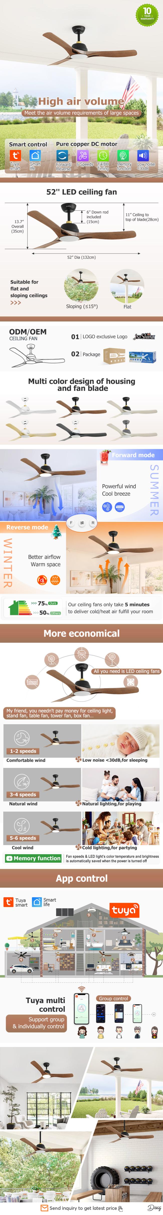 52-inch LED ceiling fan with remote control featuring black and wood finish design