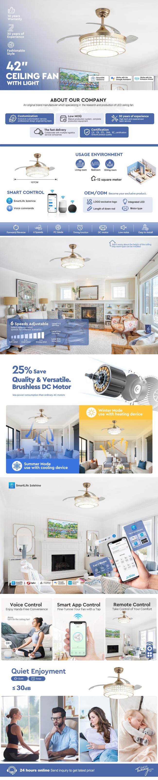 Modern 42-inch LED ceiling fan with retractable design and remote control