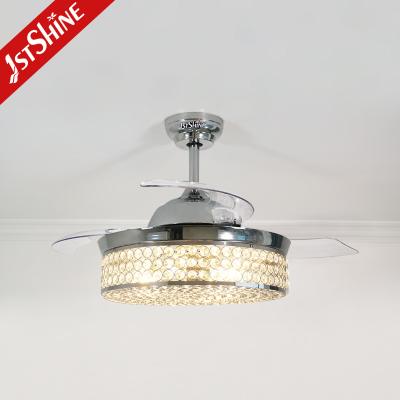 China Retractable Blades AC Motor Low Energy Crystal Ceiling Fan Light For Bedroom for sale