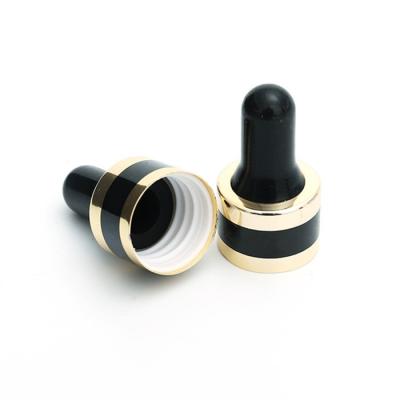中国 18mm 24mm Black Gold Aluminum Metal Essential Oil Dropper Caps With Silicone Nipple 販売のため